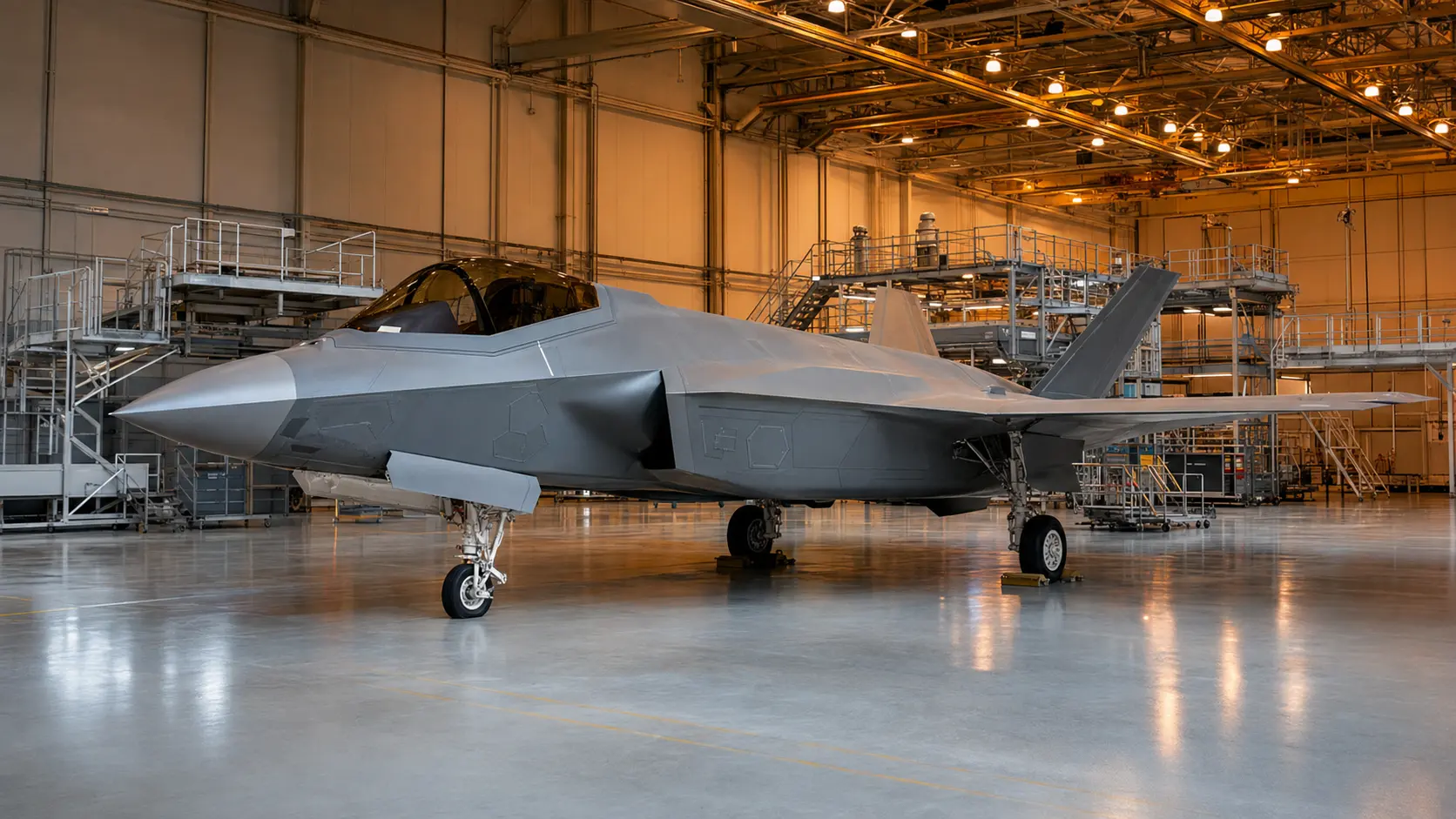 Defense aerospace jet in maintenance hangar