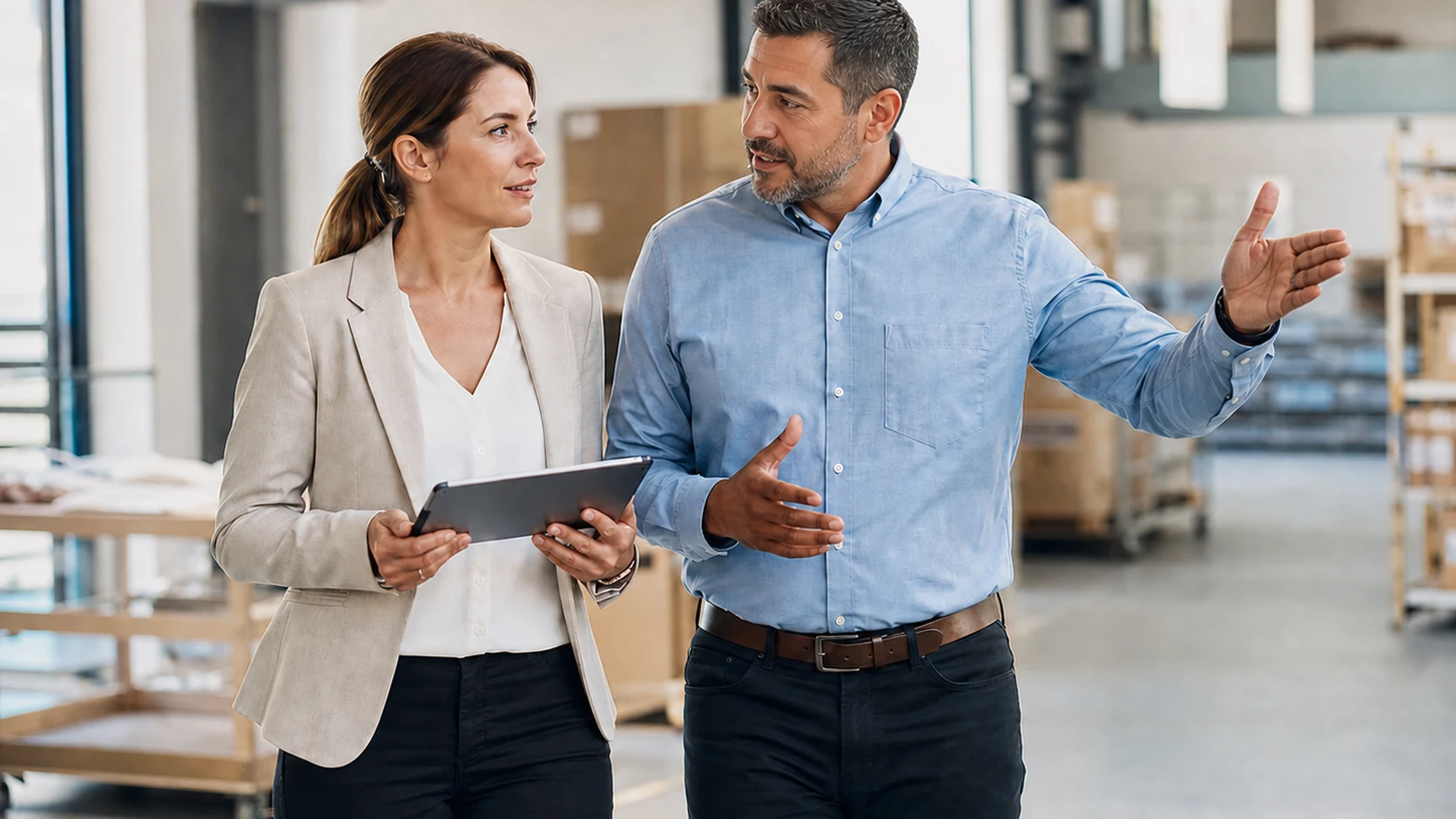 Staffing consultant and employer operations manager reviewing a hiring plan