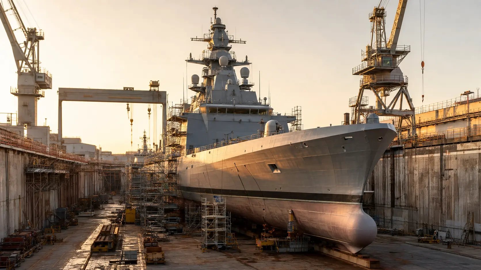Naval ship in shipyard drydock