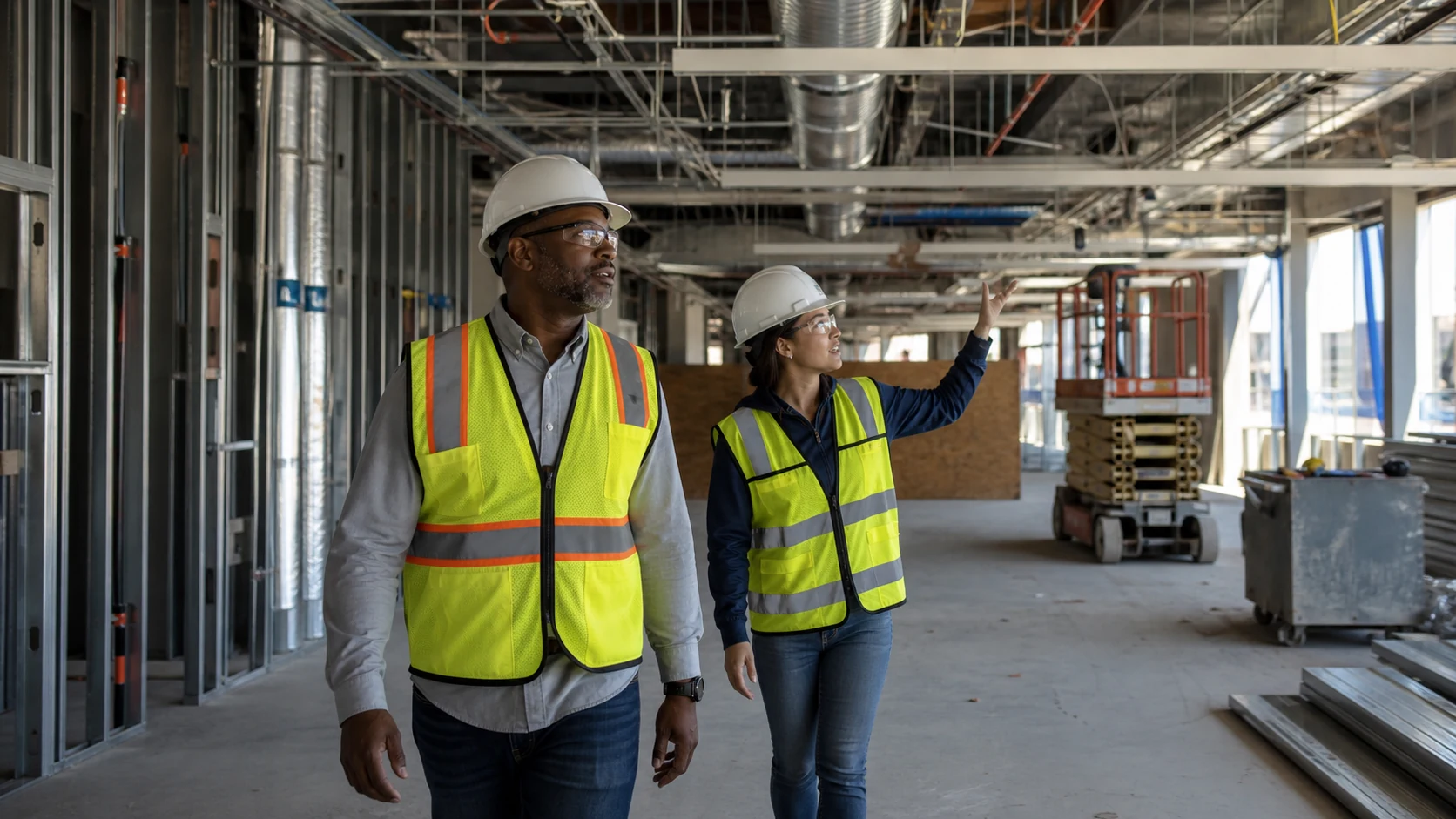 Construction professionals inspecting a commercial buildout