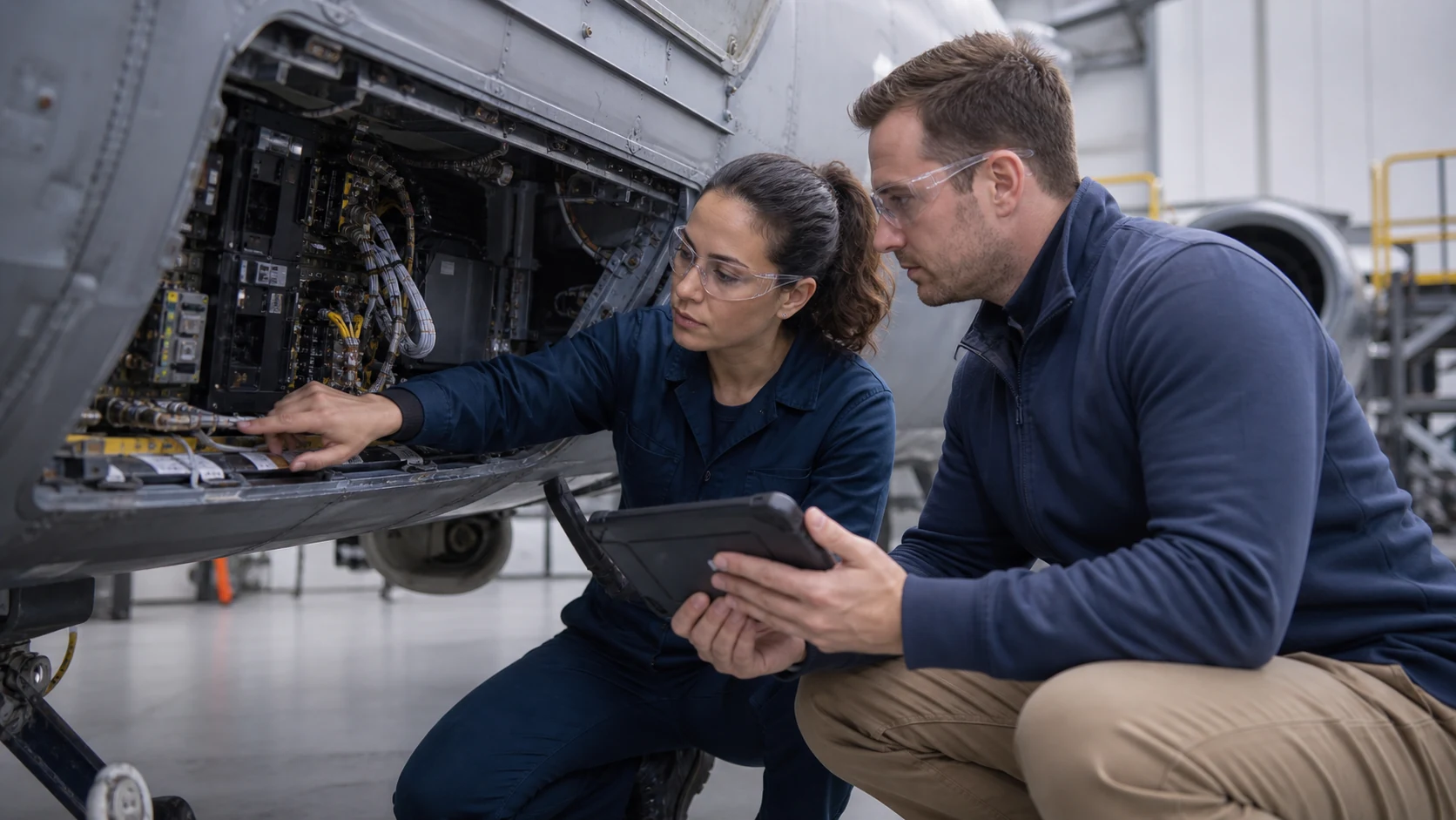 Aerospace technicians inspecting aircraft avionics