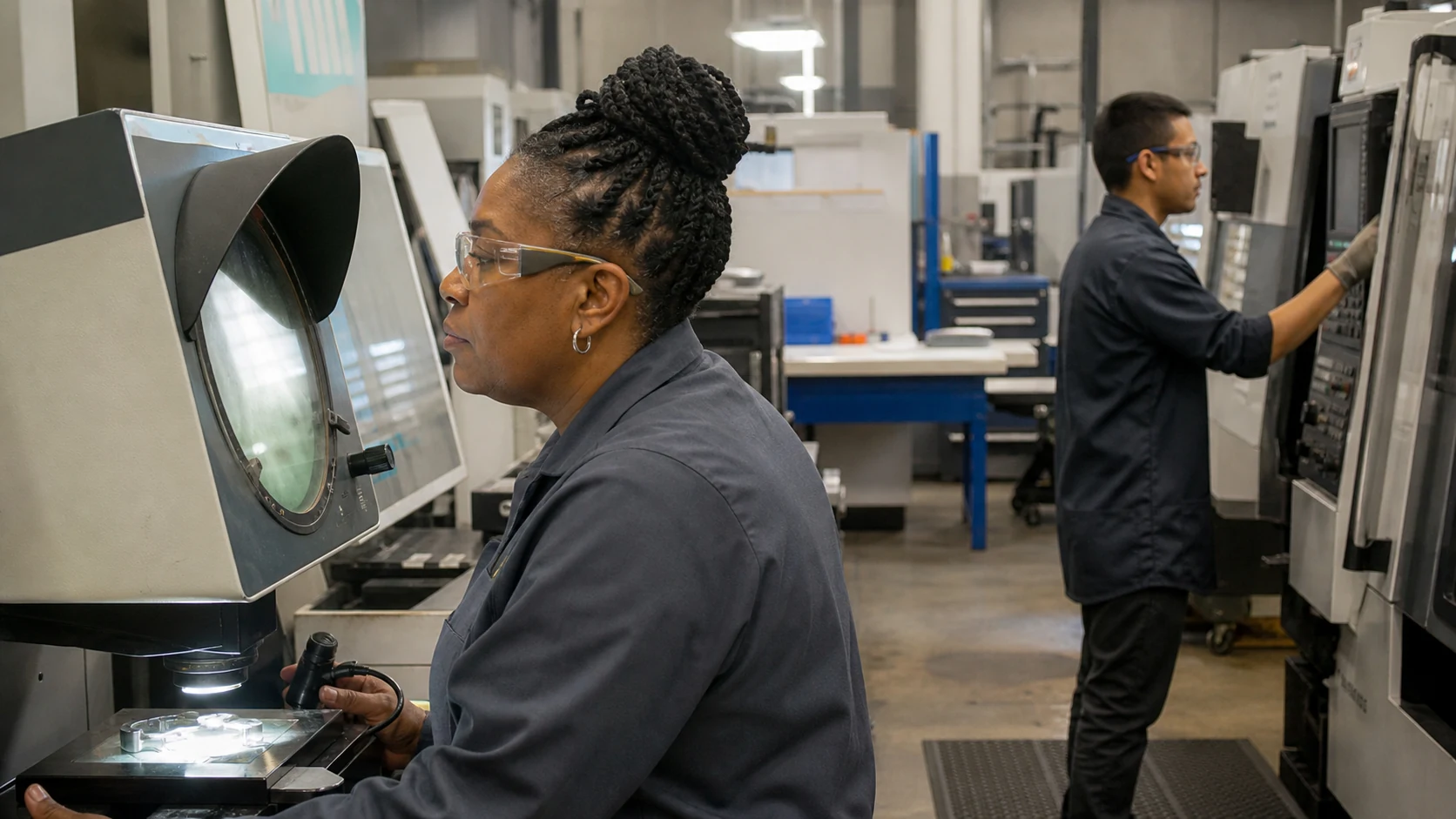 Quality technician and CNC operator on a manufacturing floor