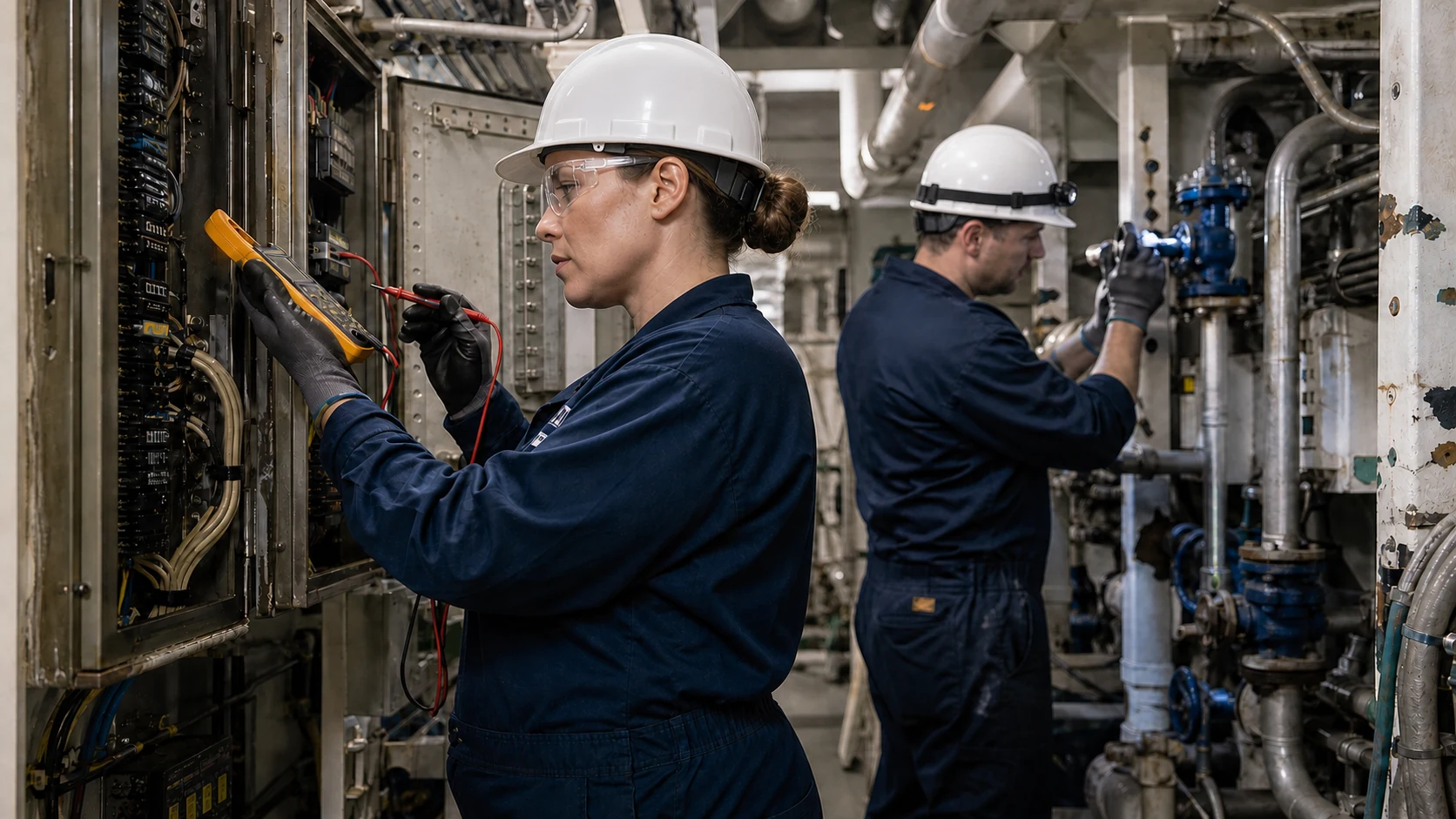 Marine electrician and pipefitter working aboard a ship