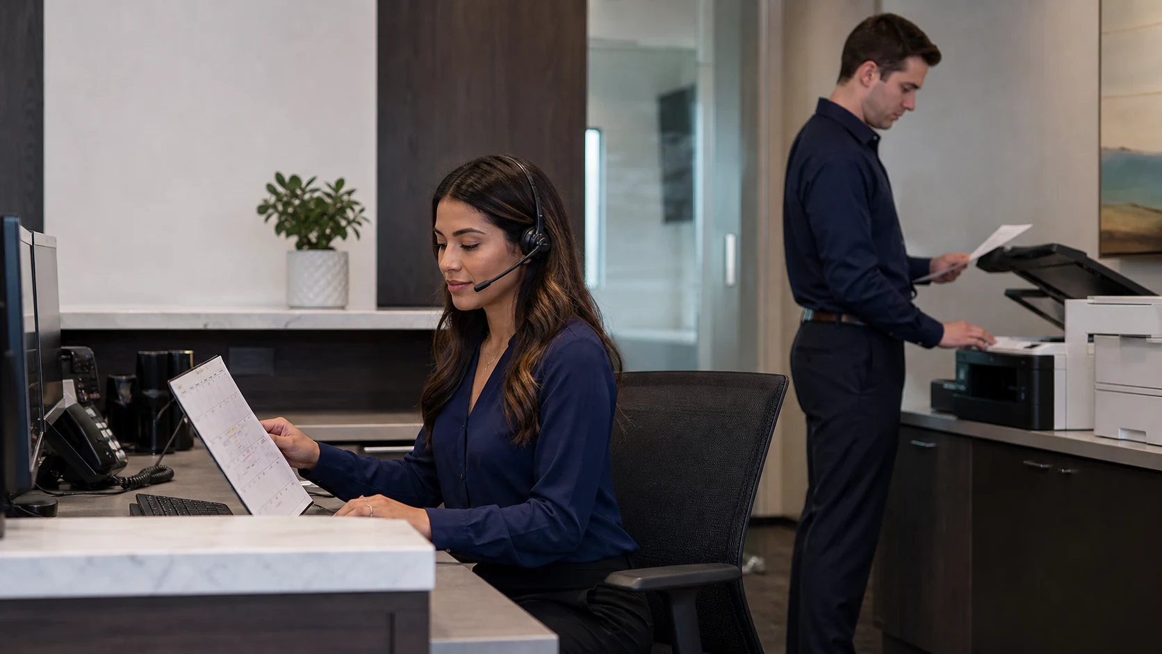Office professionals working at reception and a printer