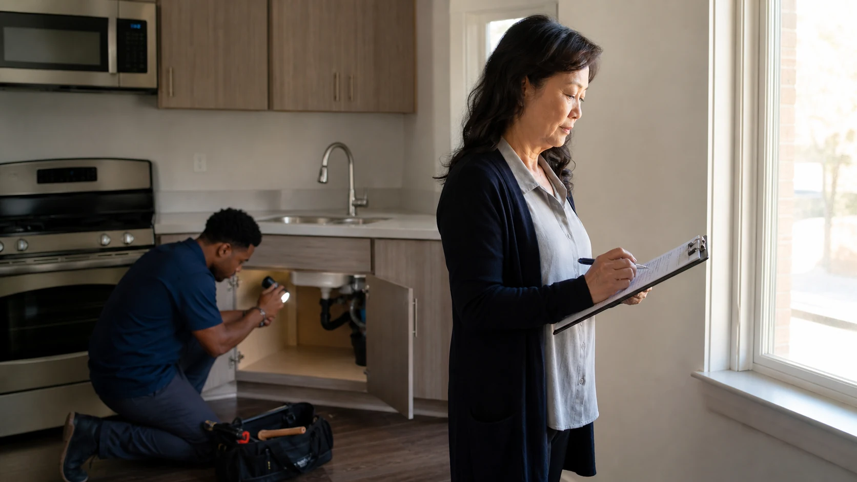 Property manager and maintenance technician inspecting an apartment